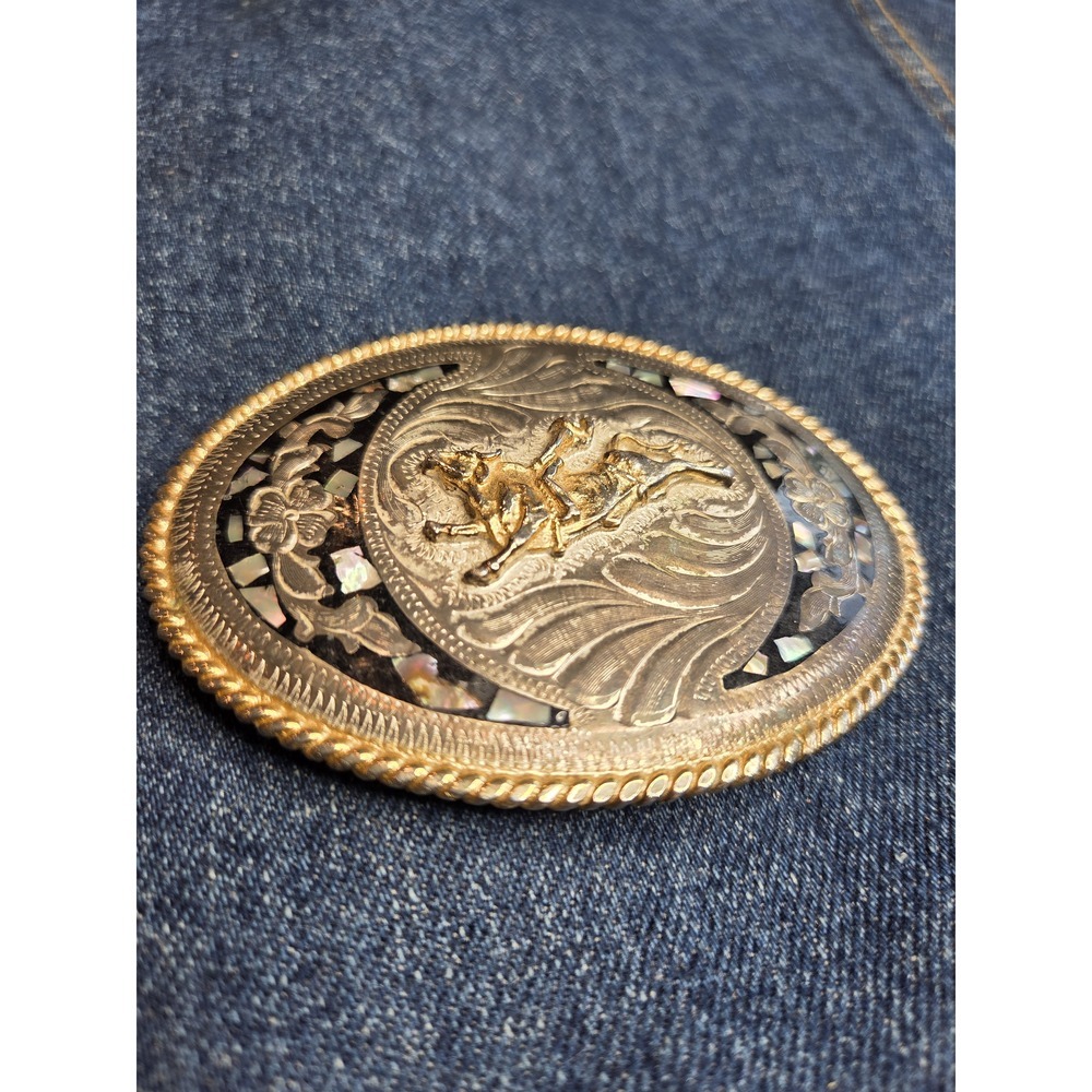 Handmade Vintage Bull Riding Abalone Shell Western Belt Buckle Southwest - Picture 2 of 7